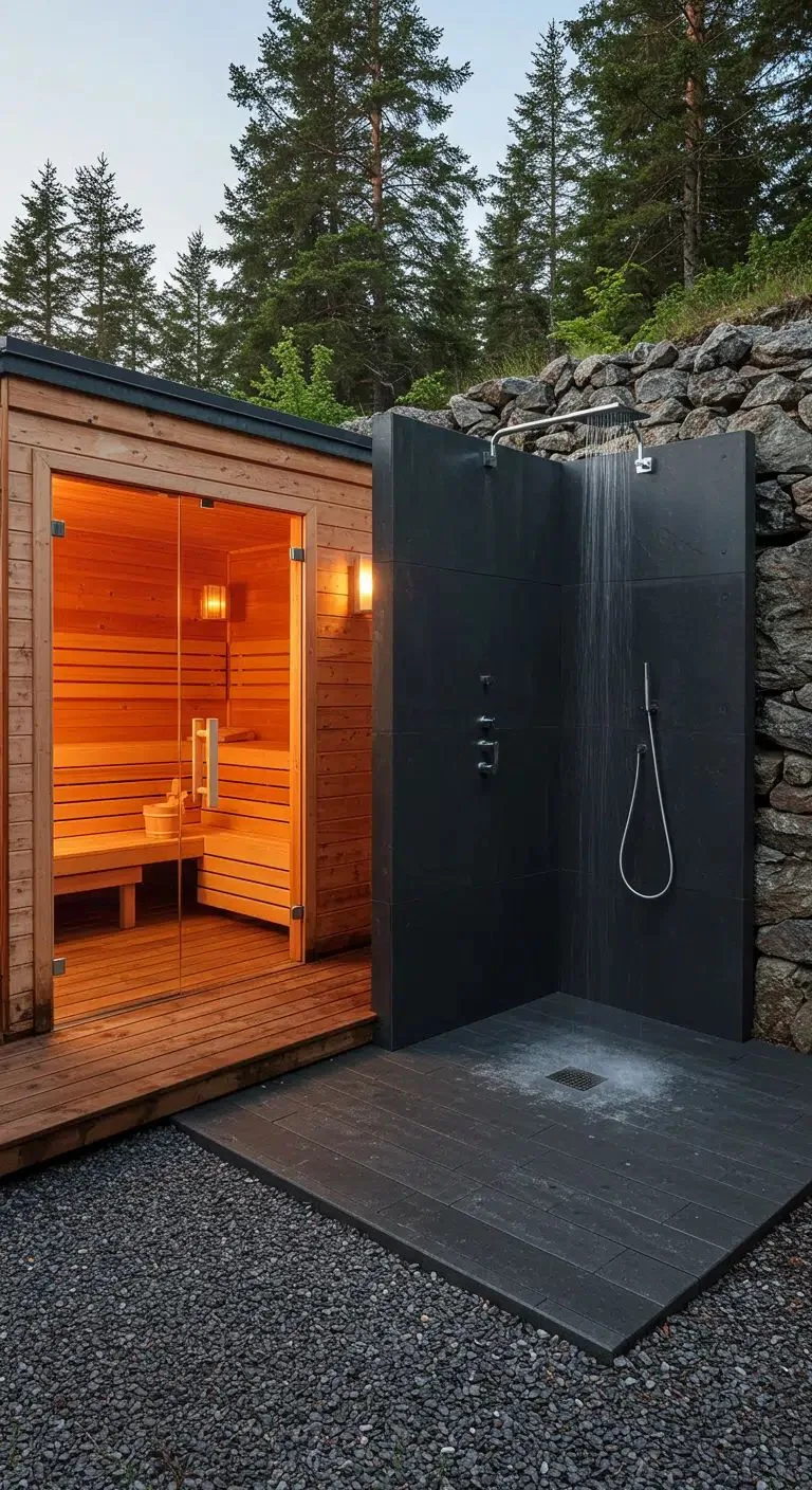 An outdoor sauna with a shower