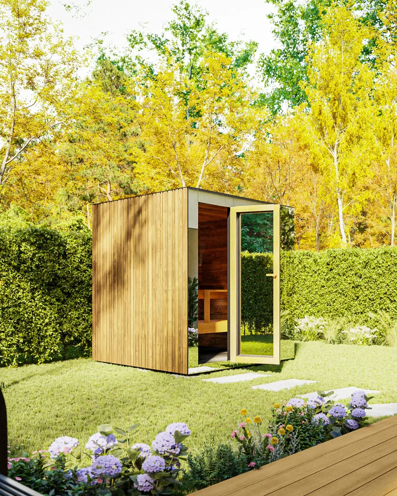 A mirror-glass cedar garden sauna room